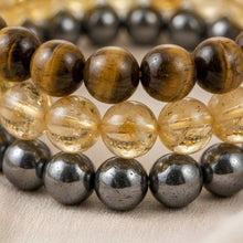 Load image into Gallery viewer, Close-up of authentic natural Tiger Eye, Hematite and Citrine showing crystal texture, colour and craftsmanship
