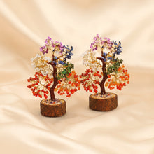 Load image into Gallery viewer, Seven Chakra Crystal Tree Pack displayed fully on white silk cloth to show its natural colour, shape and finish – pack of 2 seven chakra crystal trees wooden
