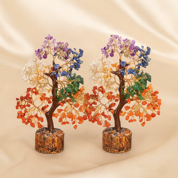 Seven Chakra Crystal Tree Pack displayed fully on white silk cloth to show its natural colour, shape and finish