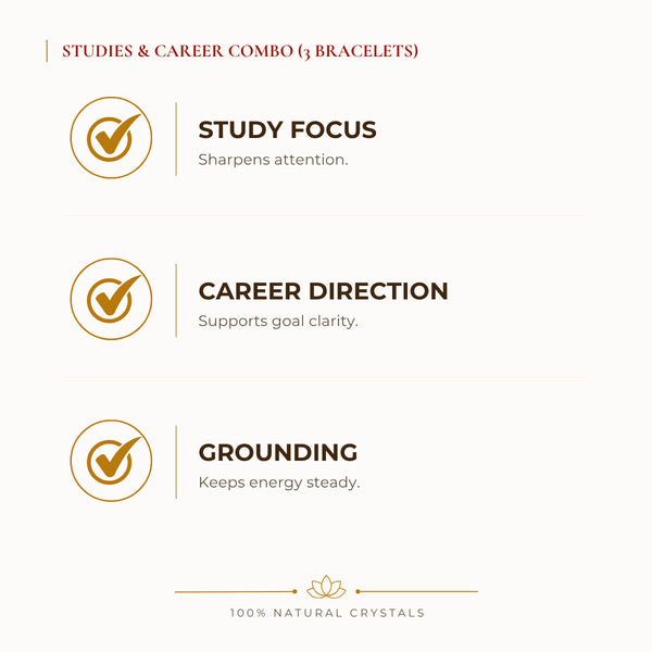 Studies & Career Bracelet Combo benefits for focus and mental clarity, explained in an Evashu natural-crystal guide