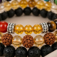 Load image into Gallery viewer, Close-up of authentic natural Rudraksha, 7 Chakra and Citrine showing crystal texture, colour and craftsmanship

