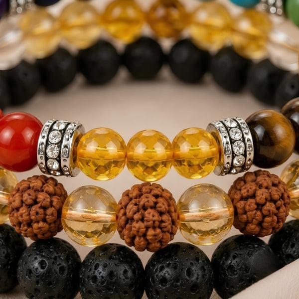 Close-up of authentic natural Rudraksha, 7 Chakra and Citrine showing crystal texture, colour and craftsmanship