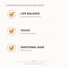 Load image into Gallery viewer, Growth &amp; Balance Bracelet Pack benefits for focus and mental clarity, explained in an Evashu natural-crystal guide
