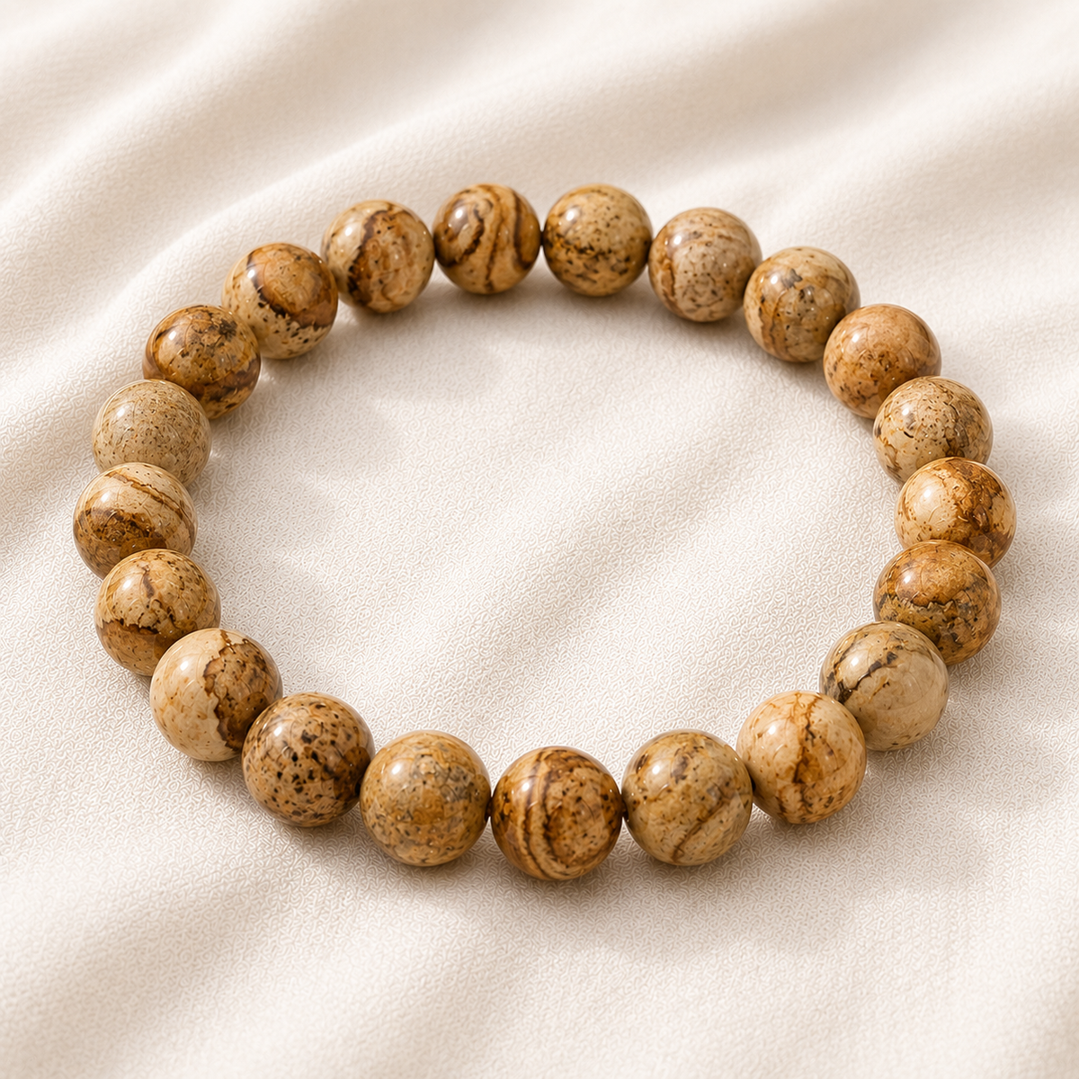 Picture Jasper Bracelet displayed fully on white silk cloth to show its natural colour, shape and finish