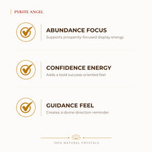Load image into Gallery viewer, Pyrite Angel Figurine benefits for wealth attraction and prosperity intention, explained in an Evashu natural-crystal guide
