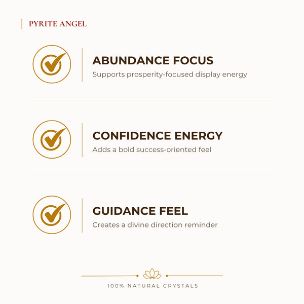 Pyrite Angel Figurine benefits for wealth attraction and prosperity intention, explained in an Evashu natural-crystal guide