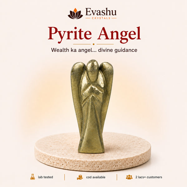 Authentic natural Pyrite Angel Figurine for Abundance Focus and Confidence Energy, shown as the main Evashu product view