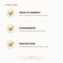 Load image into Gallery viewer, Pyrite Chips benefits for wealth attraction and prosperity intention, explained in an Evashu natural-crystal guide

