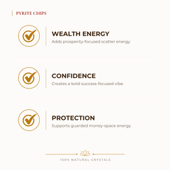 Pyrite Chips benefits for wealth attraction and prosperity intention, explained in an Evashu natural-crystal guide