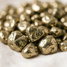 Load image into Gallery viewer, Close-up of authentic natural Pyrite showing crystal texture, colour and craftsmanship – pyrite chips stone symbol of abundance confidence and protection

