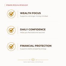 Load image into Gallery viewer, Pyrite Pencil Pendant benefits for wealth attraction and prosperity intention, explained in an Evashu natural-crystal guide
