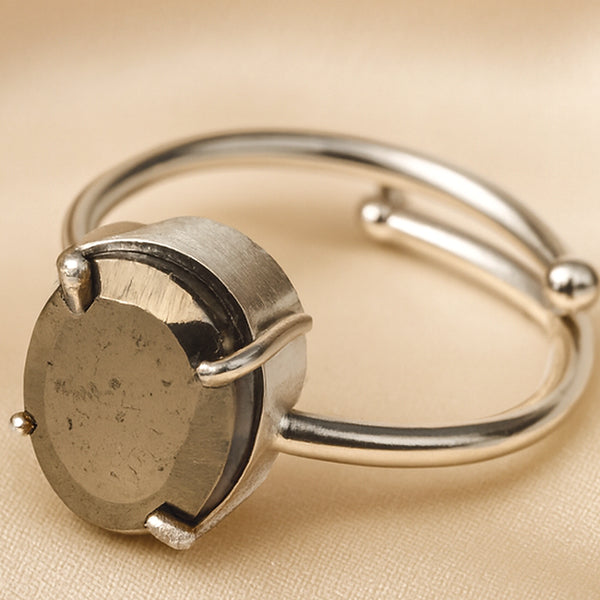 Close-up of authentic natural Pyrite showing crystal texture, colour and craftsmanship – pyrite ring adjustable symbol of abundance confidence and protection
