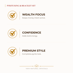 Pyrite Ring & Bracelet Set benefits for wealth attraction and prosperity intention, explained in an Evashu natural-crystal guide