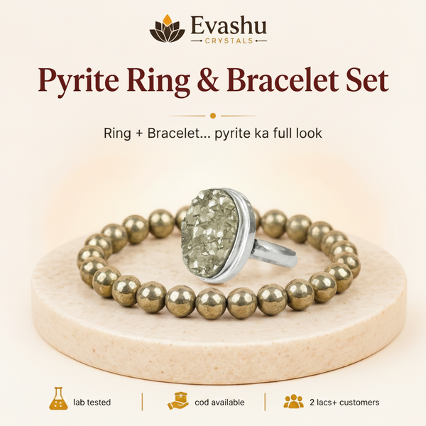 Authentic natural Pyrite Ring & Bracelet Set for Wealth Focus and Confidence, shown as the main Evashu product view