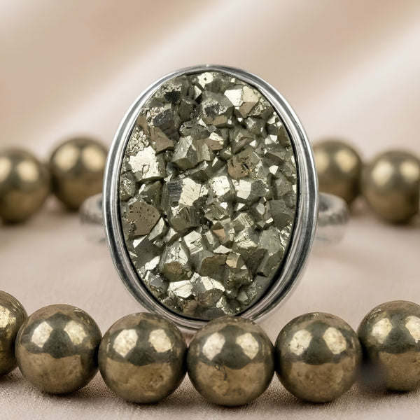 Close-up of authentic natural Pyrite showing crystal texture, colour and craftsmanship – pyrite ring pyrite bracelet set crystal jewellery combo