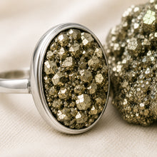 Load image into Gallery viewer, Close-up of authentic natural Raw Pyrite showing crystal texture, colour and craftsmanship
