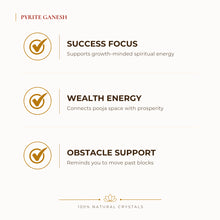 Load image into Gallery viewer, Pyrite Ganesh Idol benefits for wealth attraction and prosperity intention, explained in an Evashu natural-crystal guide
