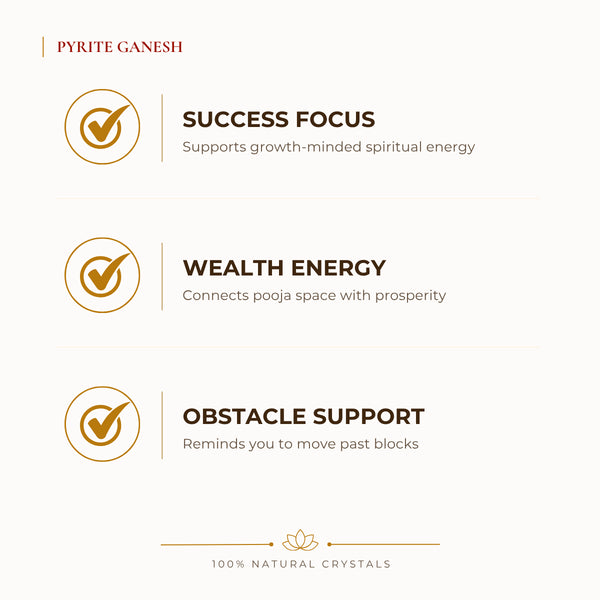 Pyrite Ganesh Idol benefits for wealth attraction and prosperity intention, explained in an Evashu natural-crystal guide