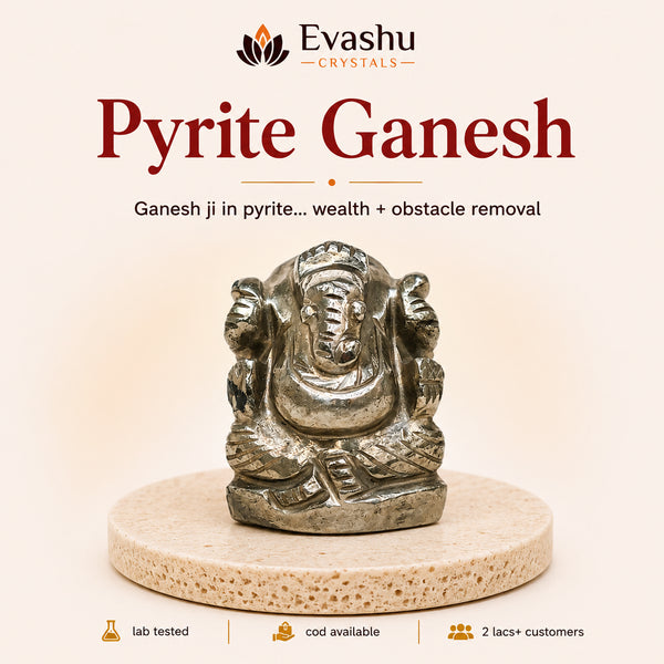 Authentic natural Pyrite Ganesh Idol for Success Focus and Wealth Energy, shown as the main Evashu product view