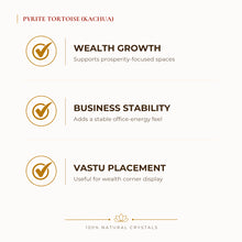 Load image into Gallery viewer, Pyrite Tortoise with Free Selenite Charging Plate | Wealth Growth &amp; Business benefits for wealth attraction and prosperity intention, explained in an Evashu
