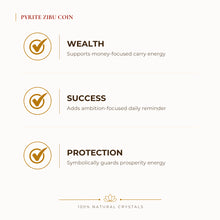 Load image into Gallery viewer, Pyrite Zibu Coin benefits for wealth attraction and prosperity intention, explained in an Evashu natural-crystal guide
