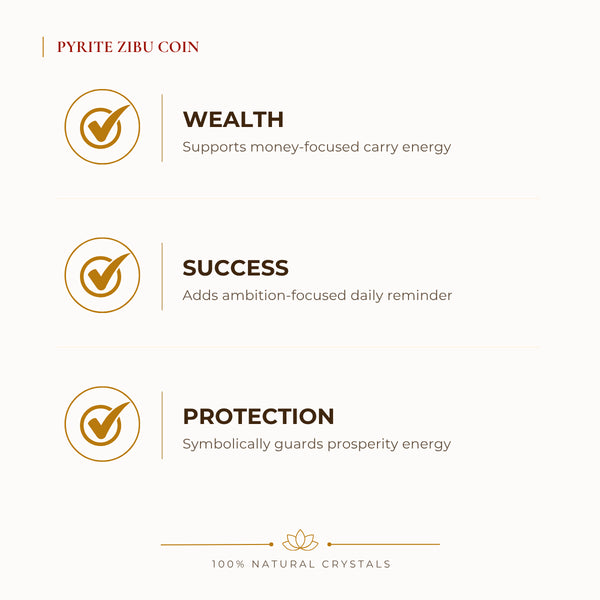 Pyrite Zibu Coin benefits for wealth attraction and prosperity intention, explained in an Evashu natural-crystal guide