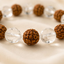 Load image into Gallery viewer, Close-up of authentic natural Clear Quartz, Rudraksha and Sphatik showing crystal texture, colour and craftsmanship
