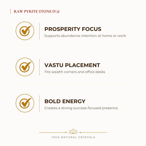 Raw Pyrite Raw Stone benefits for wealth attraction and prosperity intention, explained in an Evashu natural-crystal guide
