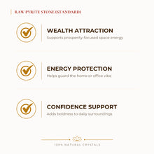 Load image into Gallery viewer, Raw Pyrite Stone with Free Selenite Charging Plate | Wealth Attraction &amp; benefits for wealth attraction and prosperity intention, explained in an Evashu
