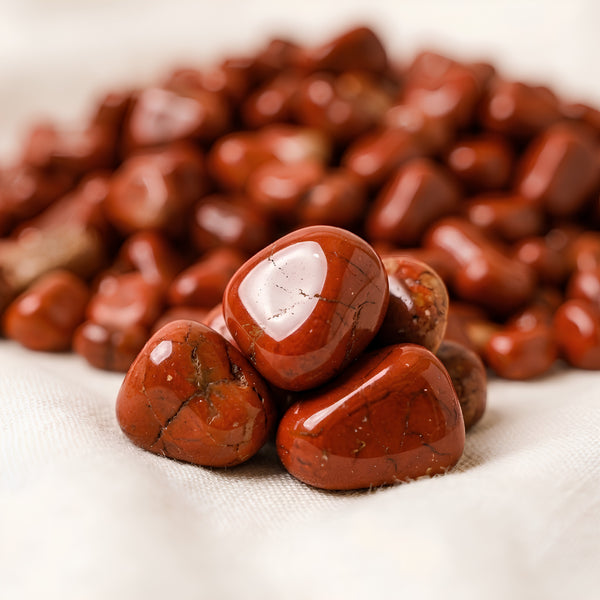 Close-up of authentic natural Red Jasper showing crystal texture, colour and craftsmanship – red jasper chips stone symbol of strength stability and grounding