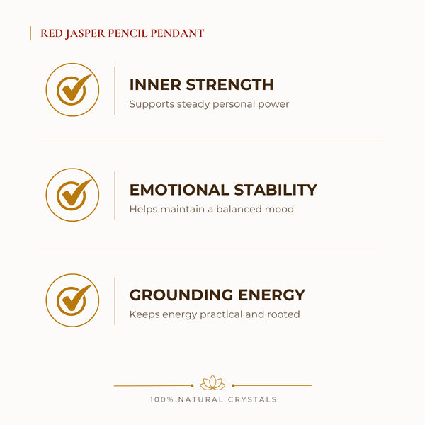 Red Jasper Pencil Pendant benefits for focus and mental clarity, explained in an Evashu natural-crystal guide