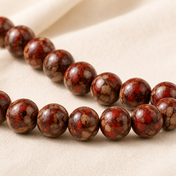 Close-up of authentic natural Picasso Jasper showing crystal texture, colour and craftsmanship