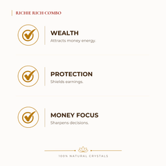 Richie Rich Bracelet Combo benefits for wealth attraction and prosperity intention, explained in an Evashu natural-crystal guide