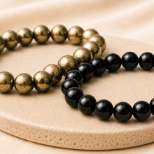 Load image into Gallery viewer, Close-up of authentic natural Black Obsidian and Pyrite showing crystal texture, colour and craftsmanship
