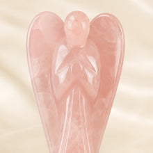 Load image into Gallery viewer, Close-up of authentic natural Rose Quartz showing crystal texture, colour and craftsmanship – rose quartz angel symbol of love compassion and emotional healing

