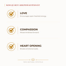 Load image into Gallery viewer, Rose Quartz Arrowhead Pendant benefits for love and relationship harmony, explained in an Evashu natural-crystal guide
