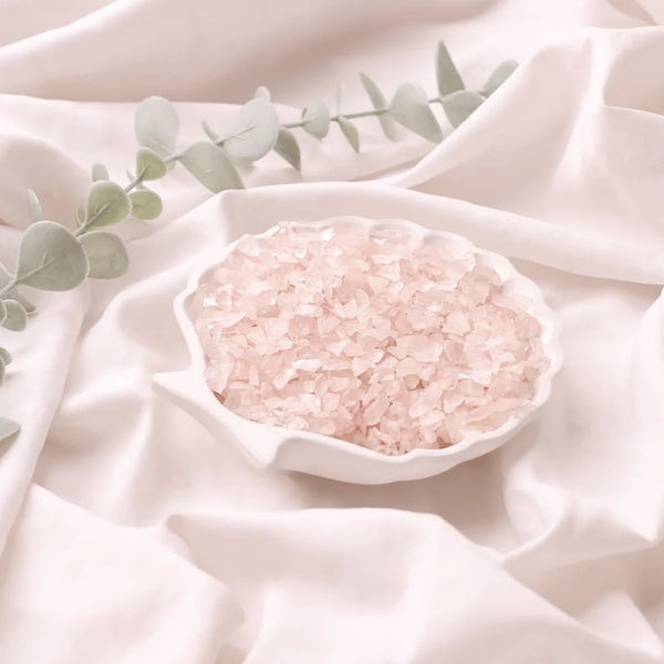 Rose Quartz Chips Stone in secure Evashu packaging with authenticity and crystal-care information