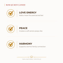 Load image into Gallery viewer, Rose Quartz Ganesh Idol benefits for calm mind and stress relief, explained in an Evashu natural-crystal guide
