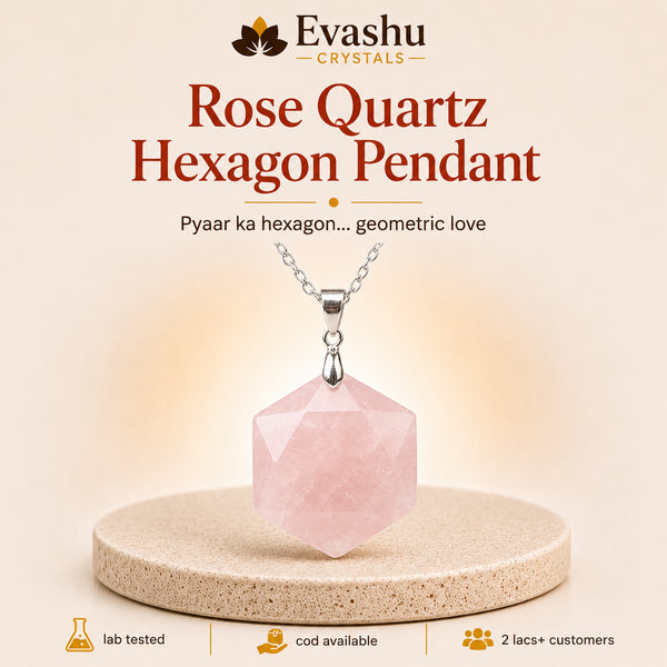 Authentic natural Rose Quartz Hexagon Pendant for Love and Gentleness, shown as the main Evashu product view