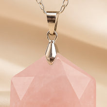 Load image into Gallery viewer, Close-up of authentic natural Rose Quartz showing crystal texture, colour and craftsmanship – rose quartz hexagon pendant symbol of love gentleness and comfort
