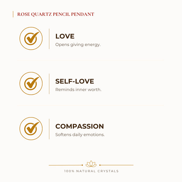 Rose Quartz Pencil Pendant benefits for love and relationship harmony, explained in an Evashu natural-crystal guide