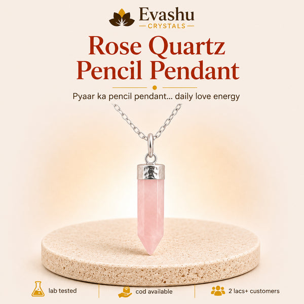 Authentic natural Rose Quartz Pencil Pendant for Love and Self-Love, shown as the main Evashu product view