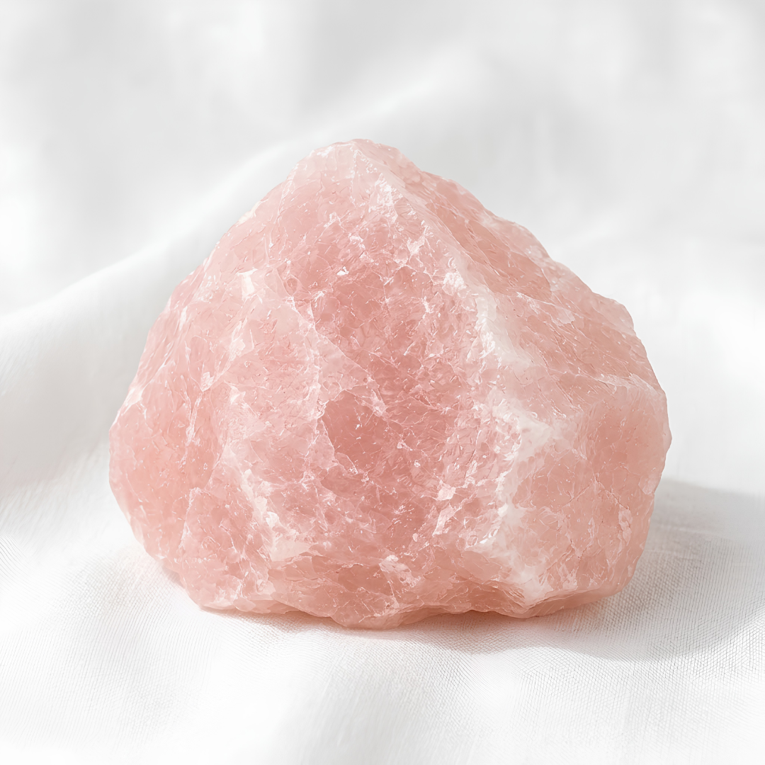 Rose Quartz Raw Stone displayed fully on white silk cloth to show its natural colour, shape and finish