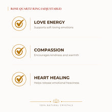 Load image into Gallery viewer, Rose Quartz Adjustable Ring benefits for love and relationship harmony, explained in an Evashu natural-crystal guide

