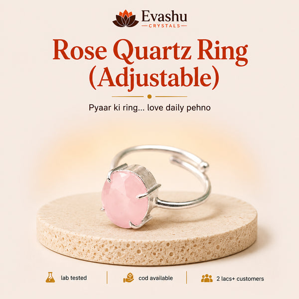 Authentic natural Rose Quartz Adjustable Ring for Love Energy and Compassion, shown as the main Evashu product view