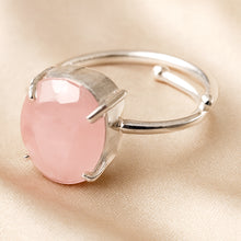 Load image into Gallery viewer, Close-up of authentic natural Rose Quartz showing crystal texture, colour and craftsmanship – rose quartz ring adjustable symbol of love compassion and
