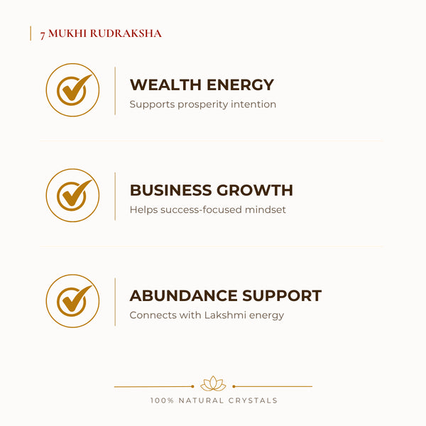 7 Mukhi Rudraksha benefits for wealth attraction and prosperity intention, explained in an Evashu natural-crystal guide