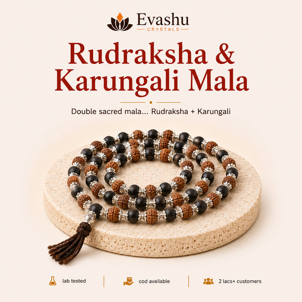 Authentic natural Rudraksha & Karungali Mala for Spiritual Wisdom and Daily Positivity, shown as the main Evashu product view