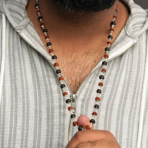 Close-up of authentic natural Rudraksha and Karungali showing crystal texture, colour and craftsmanship