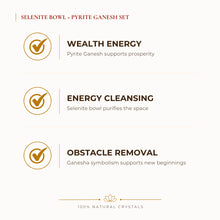 Load image into Gallery viewer, Selenite Bowl + Pyrite Ganesh Bowl benefits for wealth attraction and prosperity intention, explained in an Evashu natural-crystal guide
